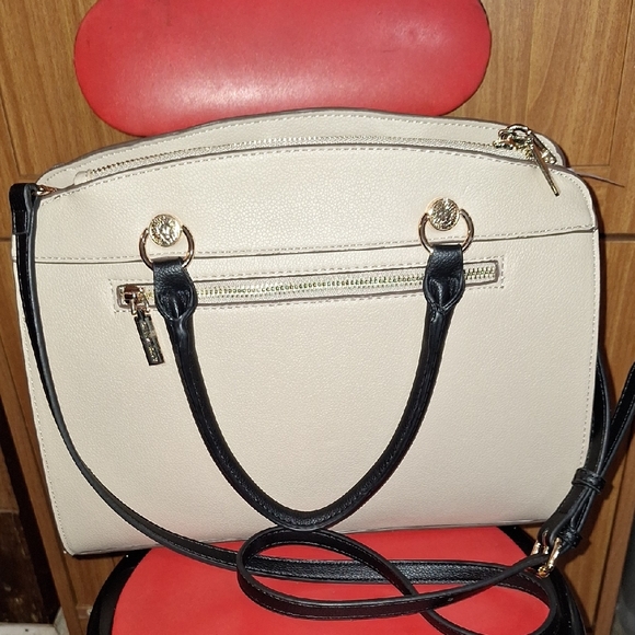 Anne Klein Taupe and Black Satchel with Snakeskin Accents - Picture 3 of 6